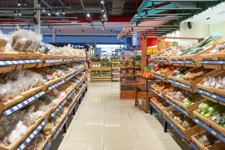 KUALA LUMPUR, MALAYSIA - CIRCA MAY, 2016: inside of a grocery store in Kuala Lumpur. A grocery store is a retail store that primarily sells food.のeditorial素材