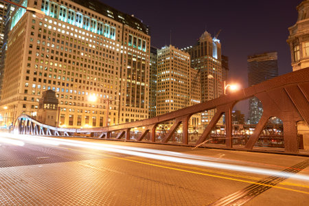 CHICAGO, IL - CIRCA MARCH, 2016: Chicago at night time. Chicago is the third most populous city in the United States.のeditorial素材