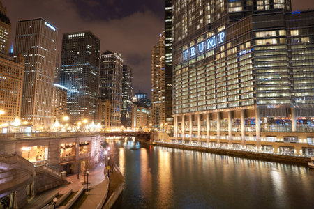 CHICAGO, IL - CIRCA APRIL, 2016: Chicago at night time. Chicago is the third most populous city in the United Statesのeditorial素材