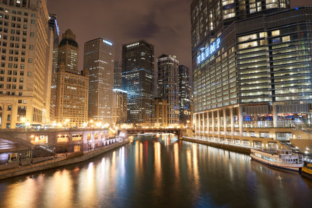 CHICAGO, IL - CIRCA APRIL, 2016: Chicago at night time. Chicago is the third most populous city in the United Statesのeditorial素材