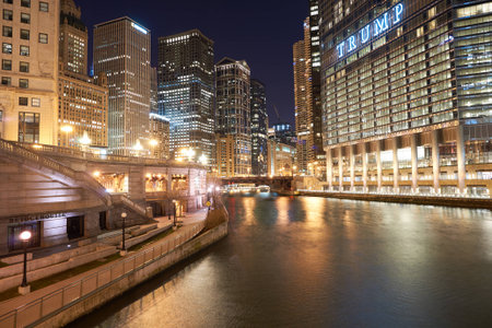 CHICAGO, IL - CIRCA APRIL, 2016: Chicago at night time. Chicago is the third most populous city in the United Statesのeditorial素材