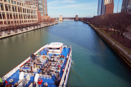 CHICAGO, IL - CIRCA MARCH, 2016: Chicago River in the daytime. The Chicago River is a system of...