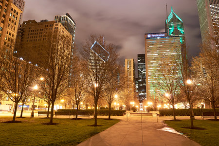 CHICAGO, IL - CIRCA MARCH, 2016: Chicago at night time. Chicago is the third most populous city in the United States.のeditorial素材