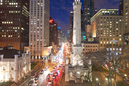 CHICAGO, IL - CIRCA APRIL, 2016: Chicago in the evening. Chicago is the third most populous city in the United States.のeditorial素材