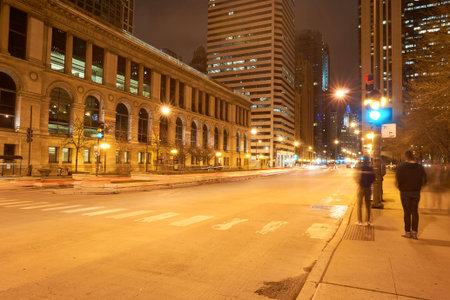 CHICAGO, IL - CIRCA MARCH, 2016: Chicago at night time. Chicago is the third most populous city in the United States.のeditorial素材