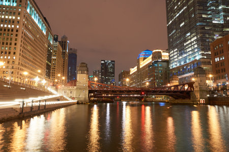 CHICAGO, IL - CIRCA APRIL, 2016: Chicago at night time. Chicago is the third most populous city in the United Statesのeditorial素材