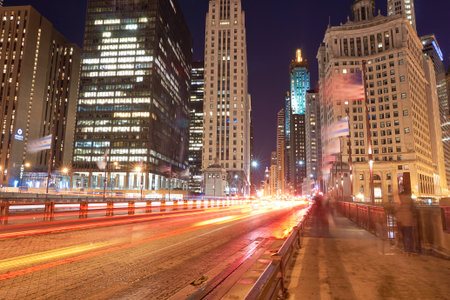 CHICAGO, IL - CIRCA APRIL, 2016: Chicago at night time. Chicago is the third most populous city in the United States.のeditorial素材