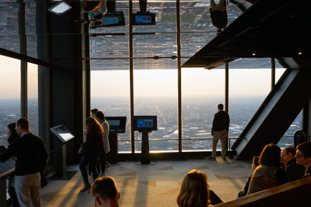 CHICAGO, IL - CIRCA MARCH, 2016: visitors at John Hancock Center's observatory. The John Hancock Center is a supertall skyscraper at 875 North Michigan Avenue, Chicago.のeditorial素材