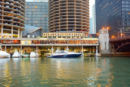 CHICAGO, IL - CIRCA APRIL, 2016: Chicago at twilight. Chicago is the third most populous city in the United Statesのeditorial素材