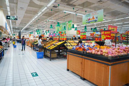 SHENZHEN, CHINA - CIRCA MAY, 2016: inside of Walmart store. Wal-Mart Stores, Inc. is an American multinational retail corporation that operates a chain of hypermarkets, discount department stores and grocery stores.のeditorial素材