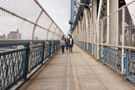 NEW YORK - CIRCA MARCH, 2016: Manhattan Bridge Pedestrian Walkway. The Manhattan Bridge is a suspension bridge that crosses the East River in New York Cityのeditorial素材
