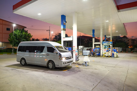 PATTAYA, THAILAND - CIRCA FEBRUARY, 2016:  Esso station at twilight. Esso is a trade name for ExxonMobil and its related companies.のeditorial素材