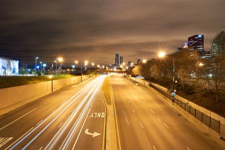 CHICAGO, IL - CIRCA MARCH, 2016: Chicago at night time. Chicago is the third most populous city in the United States.のeditorial素材