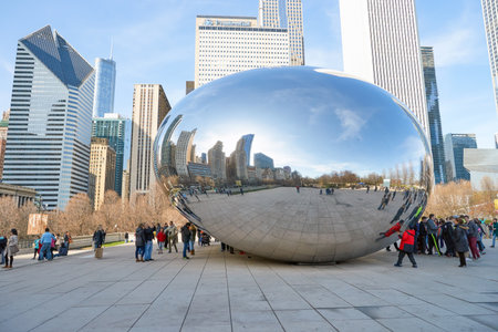CHICAGO, IL - CIRCA MARCH, 2016: Cloud Gate in the daytime. Cloud Gate is a public sculpture by Indian-born British artist Anish Kapoor.のeditorial素材