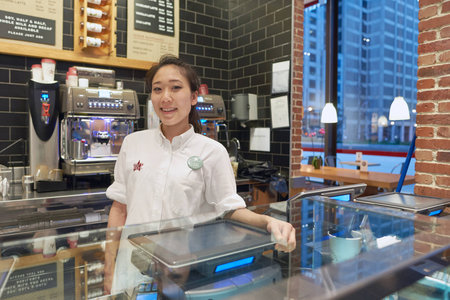CHICAGO, IL - CIRCA MARCH, 2016: indoor portrait of staff in Pret a Manger. Pret a Manger is a sandwich shop chain based in the United Kingdomのeditorial素材