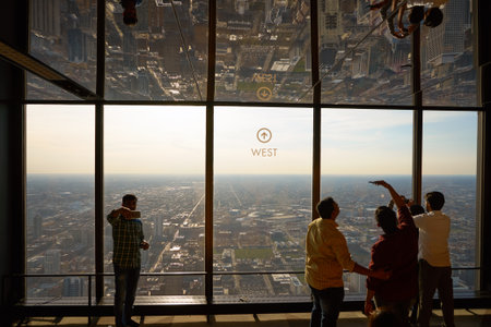 CHICAGO, IL - CIRCA MARCH, 2016: visitors at John Hancock Center's observatory. The John Hancock Center is a supertall skyscraper at 875 North Michigan Avenue, Chicago.のeditorial素材