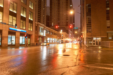 CHICAGO, IL - CIRCA MARCH, 2016: Chicago at night time. Chicago is the third most populous city in the United States.のeditorial素材