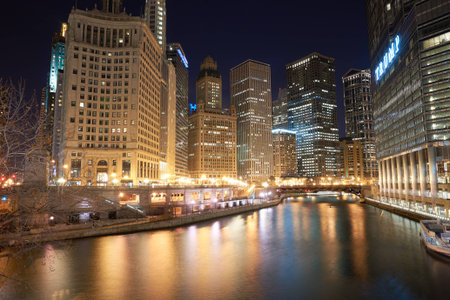 CHICAGO, IL - CIRCA APRIL, 2016: Chicago at night time. Chicago is the third most populous city in the United Statesのeditorial素材