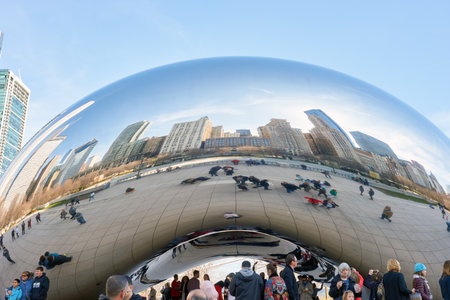 CHICAGO, IL - CIRCA MARCH, 2016: Cloud Gate in the daytime. Cloud Gate is a public sculpture by Indian-born British artist Anish Kapoor.のeditorial素材