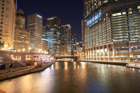 CHICAGO, IL - CIRCA APRIL, 2016: Chicago at night time. Chicago is the third most populous city in the United Statesのeditorial素材
