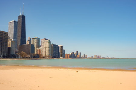 CHICAGO, IL - CIRCA APRIL, 2016: Ohio Street Beach in the daytime. Ohio Street Beach located in Lincoln Park adjacent to Addams Memorial Park and Olive Park, is just north of Ohio Street east of Lake Shore Drive.のeditorial素材