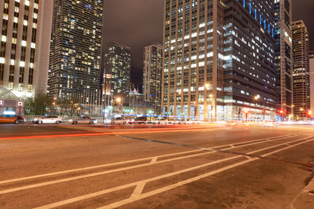 CHICAGO, IL - CIRCA MARCH, 2016: Chicago at night time. Chicago is the third most populous city in the United States.のeditorial素材