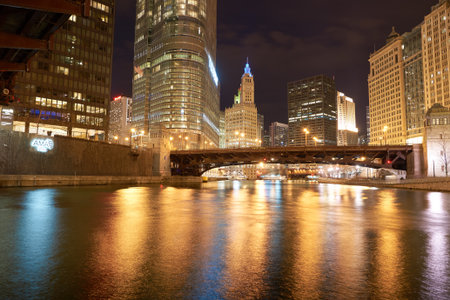 CHICAGO, IL - CIRCA APRIL, 2016: Chicago at night time. Chicago is the third most populous city in the United Statesのeditorial素材