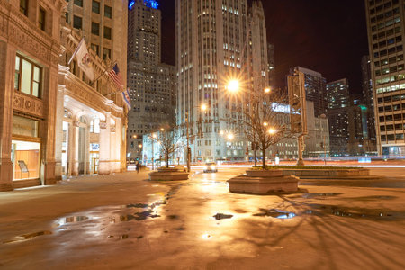 CHICAGO, IL - CIRCA APRIL, 2016: Chicago at night time. Chicago is the third most populous city in the United States.のeditorial素材