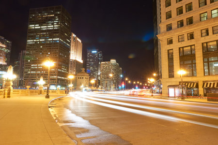 CHICAGO, IL - CIRCA APRIL, 2016: Chicago at night time. Chicago is the third most populous city in the United States.のeditorial素材