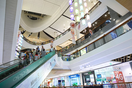 PATTAYA, THAILAND - FEBRUARY 22, 2016: inside of Central Festival Pattaya. Central Festival Pattaya Beach is a shopping mall in Pattaya, Thailand.のeditorial素材