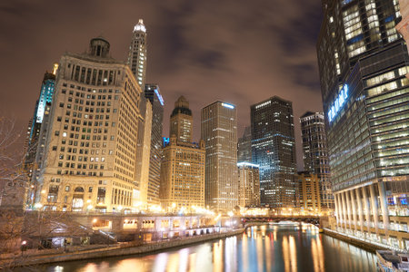 CHICAGO, IL - CIRCA APRIL, 2016: Chicago at night time. Chicago is the third most populous city in the United Statesのeditorial素材