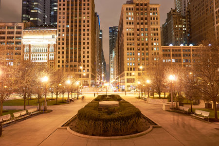 CHICAGO, IL - CIRCA MARCH, 2016: Chicago at night time. Chicago is the third most populous city in the United States.のeditorial素材