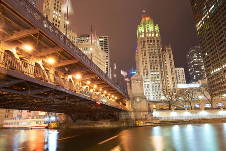 CHICAGO, IL - CIRCA APRIL, 2016: Chicago at night time. Chicago is the third most populous city in the United Statesのeditorial素材