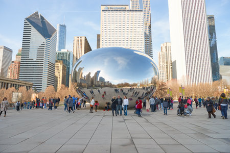 CHICAGO, IL - CIRCA MARCH, 2016: Cloud Gate in the daytime. Cloud Gate is a public sculpture by Indian-born British artist Anish Kapoor.のeditorial素材