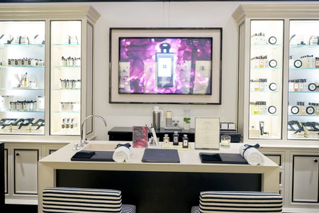 HONG KONG - CIRCA JANUARY, 2016: inside of Jo Malone store in Hong Kong. Jo Malone London is known for its expensive perfumes, luxury candles, bath products, and room scents.のeditorial素材