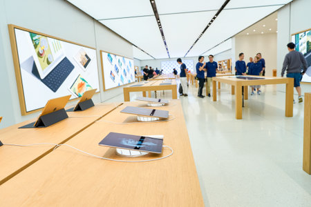 HONG KONG - CIRCA SEPTEMBER, 2016: inside of Apple store. Apple Store is a chain of retail stores owned and operated by Apple Inc., dealing with computers and consumer electronics.のeditorial素材