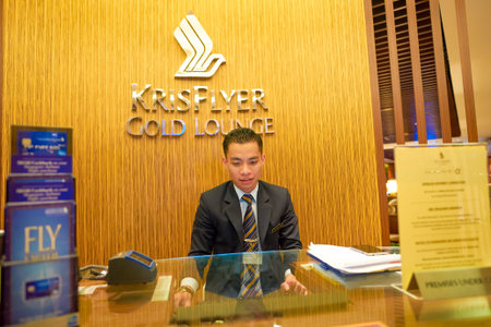 SINGAPORE - CIRCA AUGUST, 2016: The KrisFlyer Gold Lounge at Singapore Changi Airport's Terminal 2. Changi Airport is the primary civilian airport for Singapore.のeditorial素材