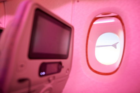 HONG KONG - MARCH 09, 2015: inside of Emirates Airbus A380. The Airbus A380 is a double-deck, wide-body, four-engine jet airliner.のeditorial素材