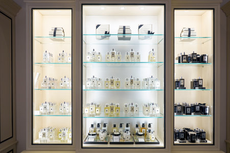 HONG KONG - CIRCA JANUARY, 2016: inside of Jo Malone store in Hong Kong. Jo Malone London is known for its expensive perfumes, luxury candles, bath products, and room scents.のeditorial素材