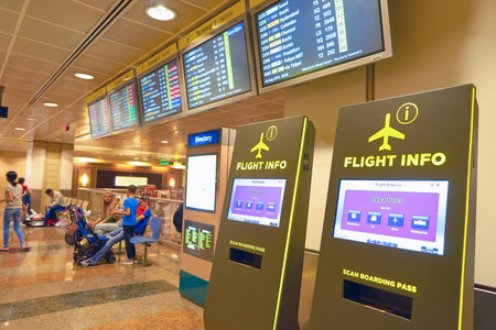 SINGAPORE - CIRCA AUGUST, 2016: inside of Changi Aiport. Changi Airport is the primary civilian airport for Singapore.のeditorial素材