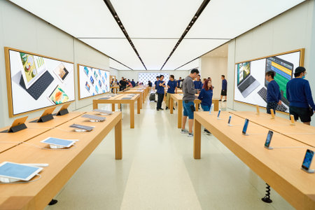 HONG KONG - CIRCA SEPTEMBER, 2016: inside of Apple store. Apple Store is a chain of retail stores owned and operated by Apple Inc., dealing with computers and consumer electronics.のeditorial素材