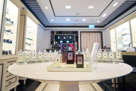 HONG KONG - CIRCA JANUARY, 2016: inside of Jo Malone store in Hong Kong. Jo Malone London is known for its expensive perfumes, luxury candles, bath products, and room scents.のeditorial素材