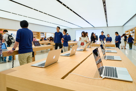 HONG KONG - CIRCA SEPTEMBER, 2016: inside of Apple store. Apple Store is a chain of retail stores owned and operated by Apple Inc., dealing with computers and consumer electronics.のeditorial素材