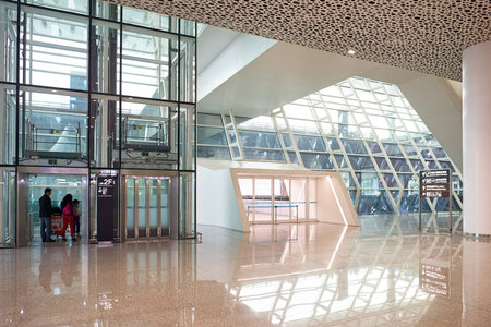 SHENZHEN, CHINA - FEBRUARY 16, 2015: inside of Shenzhen Bao'an International Airport. It is located near Huangtian and Fuyong villages in Bao'an District, Shenzhen, Guangdong, China.のeditorial素材