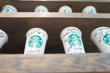 MOSCOW, RUSSIA- SEPTEMBER 14, 2016: inside of Starbucks coffee shop. Starbucks Corporation is an American coffee company and coffeehouse chain.のeditorial素材