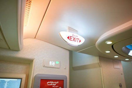 DUBAI, UAE - DECEMBER 10, 2014: inside of Emirates Airbus A380. Emirates  is an airline based in Dubai, United Arab Emirates.のeditorial素材