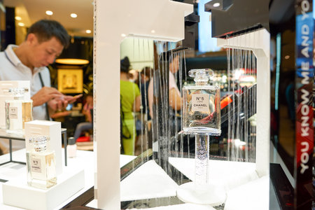 HONG KONG - SEPTEMBER 02, 2016: close up shot of Chanel No. 5 in a store. Chanel No. 5 is the first...