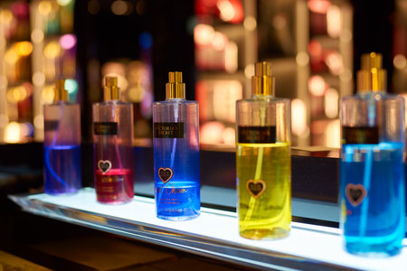SINGAPORE - SEPTEMBER 12, 2016: bottles of fragrance mist are displayed at Victoria's Secret store. Victoria's Secret sells lingerie, womenswear, and beauty products.のeditorial素材