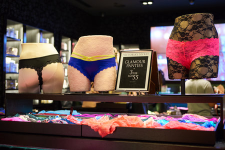 SINGAPORE - SEPTEMBER 12, 2016: inside a Victoria's Secret store at Changi Airport. Victoria's Secret is an American designer, manufacturer and marketer of women's premium lingerie, womenswear and beauty products.のeditorial素材
