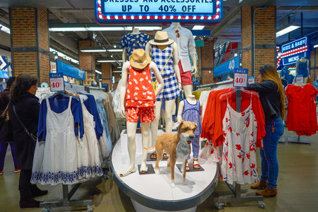 NEW YORK - MARCH 18, 2016: inside of Old Navy store in New York. Old Navy is an American clothing and accessories retailer owned by American multinational corporation Gap Inc.のeditorial素材